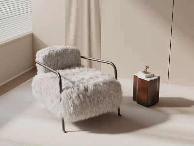 Fluffy Fur Lounge Chair With Metal Armrests And Small Side Table In Light Minimalist Interior 3d model