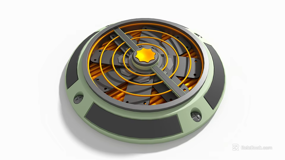 Industrial Equipment Featuring Circular Metallic Structure Central Yellow Component And Concentric Ring Design 3d model 