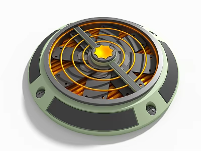 Industrial Equipment Featuring Circular Metallic Structure Central Yellow Component And Concentric Ring Design 3d model