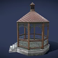 Ornate Classical Wooden Gazebo With Tile Roof Railing And Stone Steps