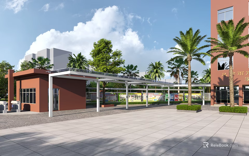 Elevator Corridor With Red Brick Building White Canopy Palm Trees And Greenery 3d model