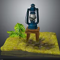 Wooden Stool With Blue Kerosene Lamp And Green Leaf On Yellow Textured Ground