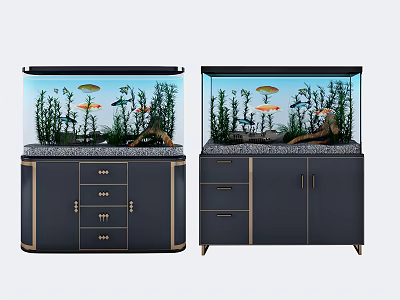 Modern Aquarium Fish Tank Setup With Colorful Fish Green Plants And Cabinet Stand With Drawers 3d model
