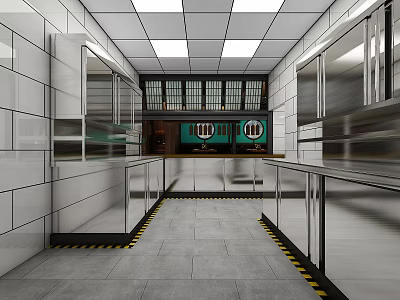Commercial Kitchen Interior Featuring Stainless Steel Aisle Cabinets Green Signs And Lighting 3d model