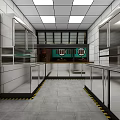 Commercial Kitchen Interior Featuring Stainless Steel Aisle Cabinets Green Signs And Lighting