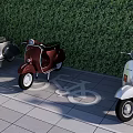 Colorful Motorcycles Parked On Bicycle Symbol Pavement With Green Hedge Wall