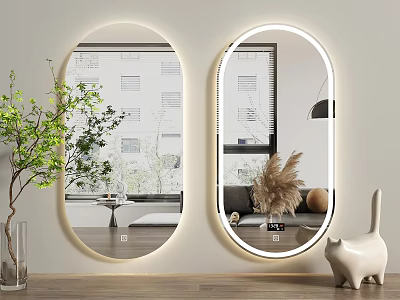 Two Oval LED Mirrors With Wall Mounted Design And Green Plant For Modern Interior 3d model