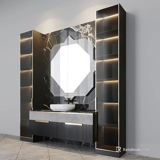 Elegant Modern Washbasin Vanity With Octagonal Mirror Marble Countertop And Illuminated Light Strips 3d model 