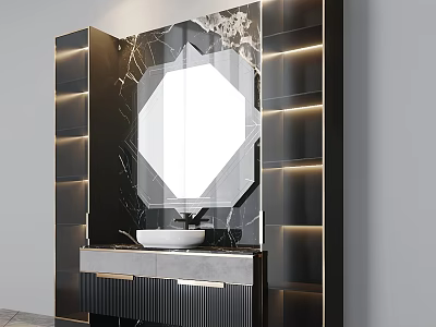 Elegant Modern Washbasin Vanity With Octagonal Mirror Marble Countertop And Illuminated Light Strips 3d model