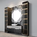 Elegant Modern Washbasin Vanity With Octagonal Mirror Marble Countertop And Illuminated Light Strips
