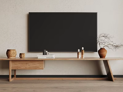 Modern Wooden TV Stand With Wall Mounted Black TV Books Candles And Ceramic Vase 3d model