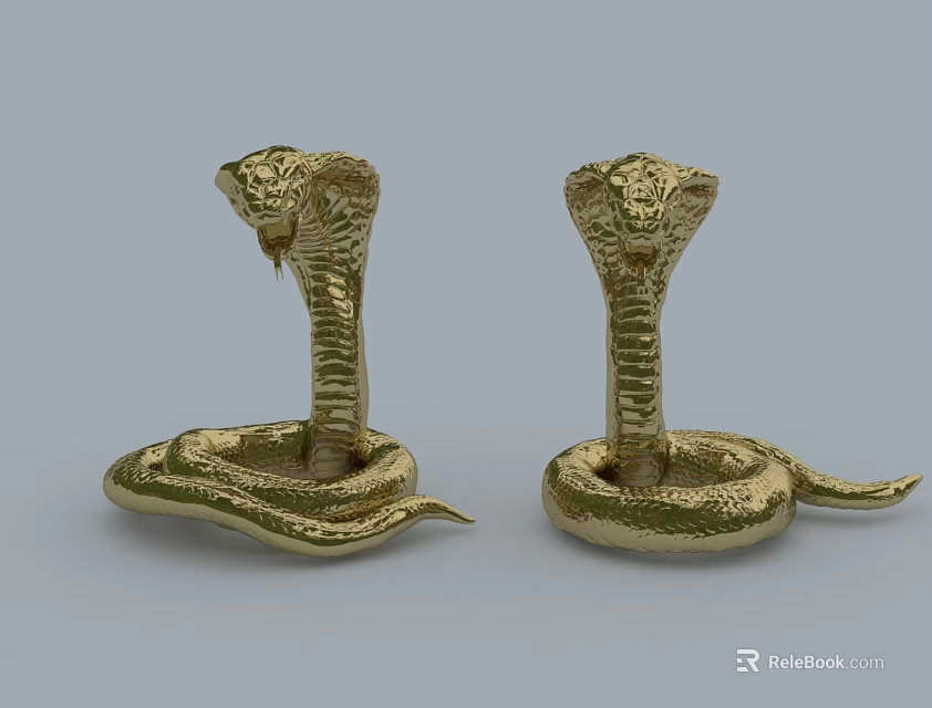Two Golden Cobra Reptile Statues With Coiled Bodies And Raised Heads 3d model 