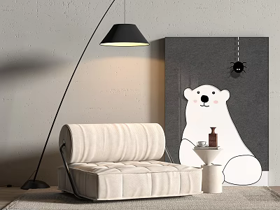 Beige Single Sofa with Black Floor Lamp and Polar Bear Painting on Gray Wall 3d model