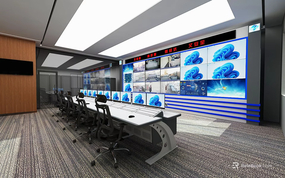 Modern Security Control Room With Multiple Monitoring Screens Control Console And Office Chairs 3d model 