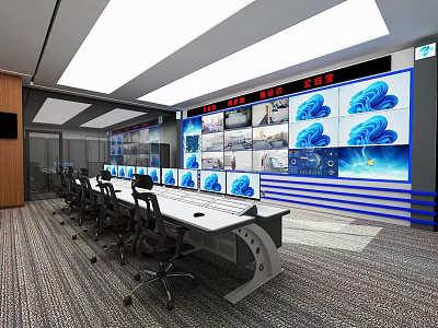 Modern Security Control Room With Multiple Monitoring Screens Control Console And Office Chairs 3d model