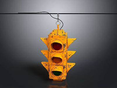 Worn Yellow Traffic Light Hanging From Wire With Three Lights On Gray Background 3d model