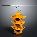 Worn Yellow Traffic Light Hanging From Wire With Three Lights On Gray Background