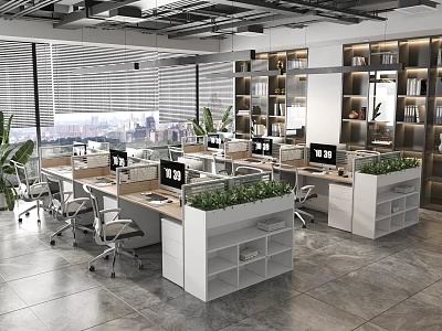 Modern Public Office Space With Workstations Computers Green Plants Bookshelves And City View Through Windows 3d model