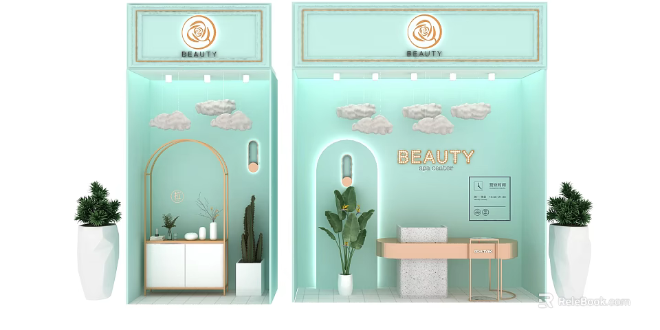 Light Green Beauty Shop Window With Cloud Decorations Lighting And Green Plants 3d model 