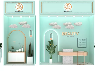 Light Green Beauty Shop Window With Cloud Decorations Lighting And Green Plants 3d model