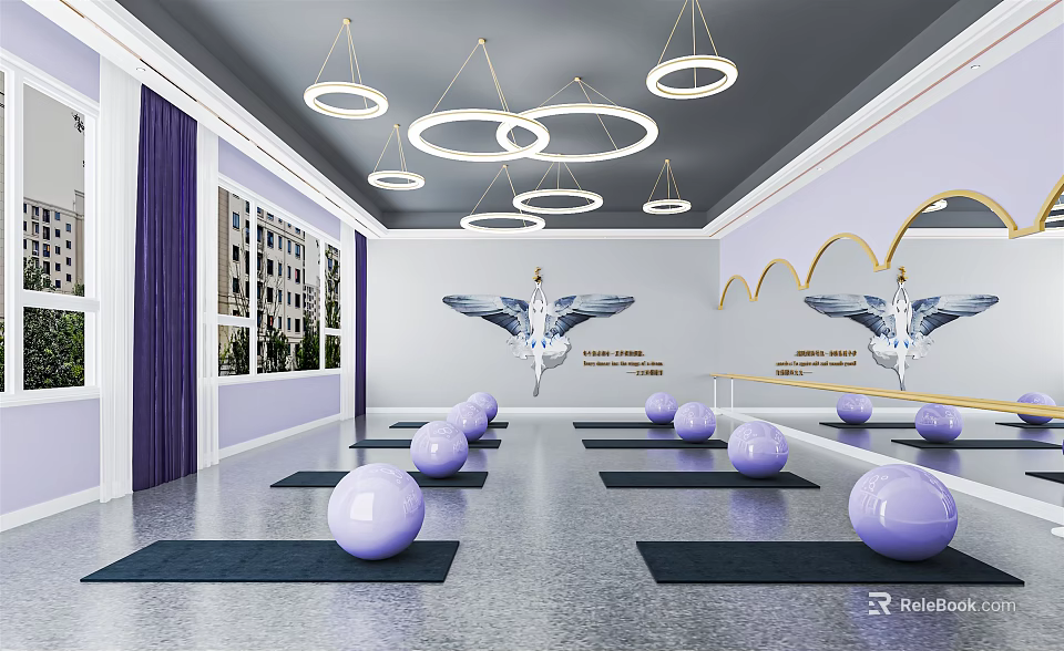 Modern Fitness Studio With Purple Exercise Balls Yoga Mats Mirrors Hanging Lights And Wall Art 3d model 
