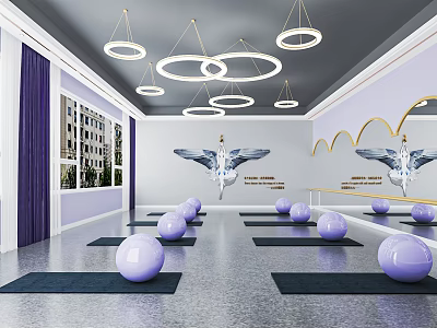 Modern Fitness Studio With Purple Exercise Balls Yoga Mats Mirrors Hanging Lights And Wall Art 3d model