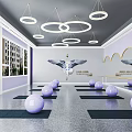 Modern Fitness Studio With Purple Exercise Balls Yoga Mats Mirrors Hanging Lights And Wall Art