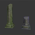 Modern Garden Setting With Two Stone Pillars Of Different Heights And Textured Bases