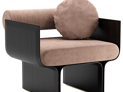 Modern Leisure Chair With Black Frame Light Brown Upholstery And Round Pillow 3d model