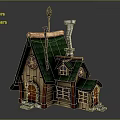 Fairy Tale Cottage Building With Green Roof Wooden Structure Small Windows Chimney And Weather Vane