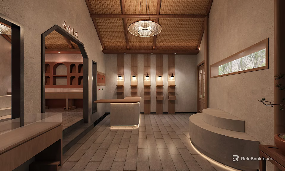 Japanese Style Specialty Store Interior With Wooden Ceiling Chandelier Display Shelves Counter And Stone Floor 3d model 