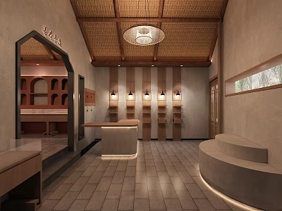 Japanese Style Specialty Store Interior With Wooden Ceiling Chandelier Display Shelves Counter And Stone Floor 3d model