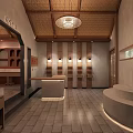 Japanese Style Specialty Store Interior With Wooden Ceiling Chandelier Display Shelves Counter And Stone Floor