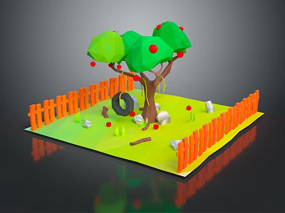 Tire Swing Play Equipment In Garden With Tree Fence Green Grass White Stones Red Flowers 3d model