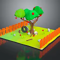 Tire Swing Play Equipment In Garden With Tree Fence Green Grass White Stones Red Flowers
