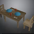 Wooden Dining Table Set With Chairs Blue Plates Red Cups And Cutlery