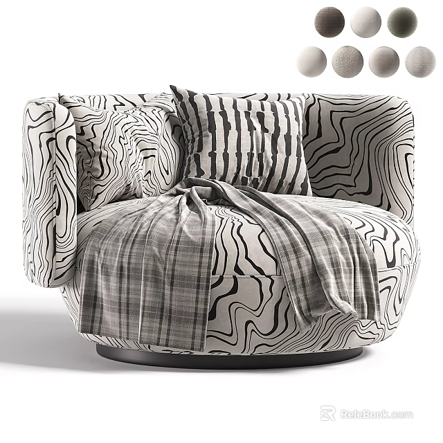 Stylish Single Sofa With Black White Wavy Pattern Striped Pillows And Plaid Blanket 3d model 