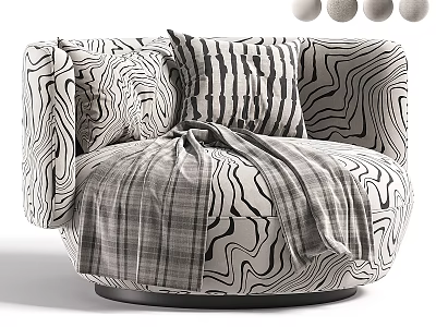 Stylish Single Sofa With Black White Wavy Pattern Striped Pillows And Plaid Blanket 3d model