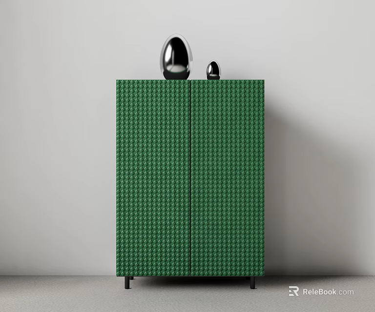 Modern Entryway Console Cabinet With Green Checkerboard Pattern Double Doors Black Legs And Decor Objects 3d model 