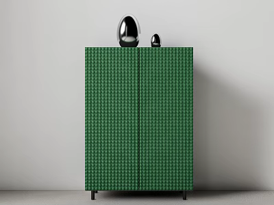 Modern Entryway Console Cabinet With Green Checkerboard Pattern Double Doors Black Legs And Decor Objects 3d model