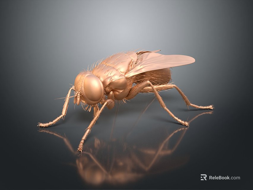 Golden 3D Rendered Fly With Wings On Dark Background Showing Reflection 3d model 