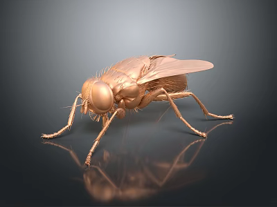 Golden 3D Rendered Fly With Wings On Dark Background Showing Reflection 3d model