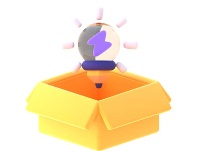 Light Bulb Shaped Decorative Ornament Set In Open Yellow Box With Purple Lightning Dots 3d model