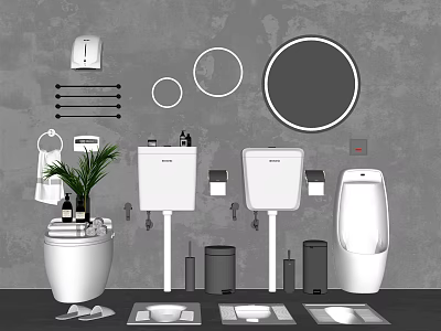 Modern Bathroom Toilet with Washbasins Mirrors Urinal Plant and Trash Bins 3d model