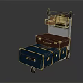 Blue And Brown Luggage With Yellow Straps On Metal Frame Luggage Cart