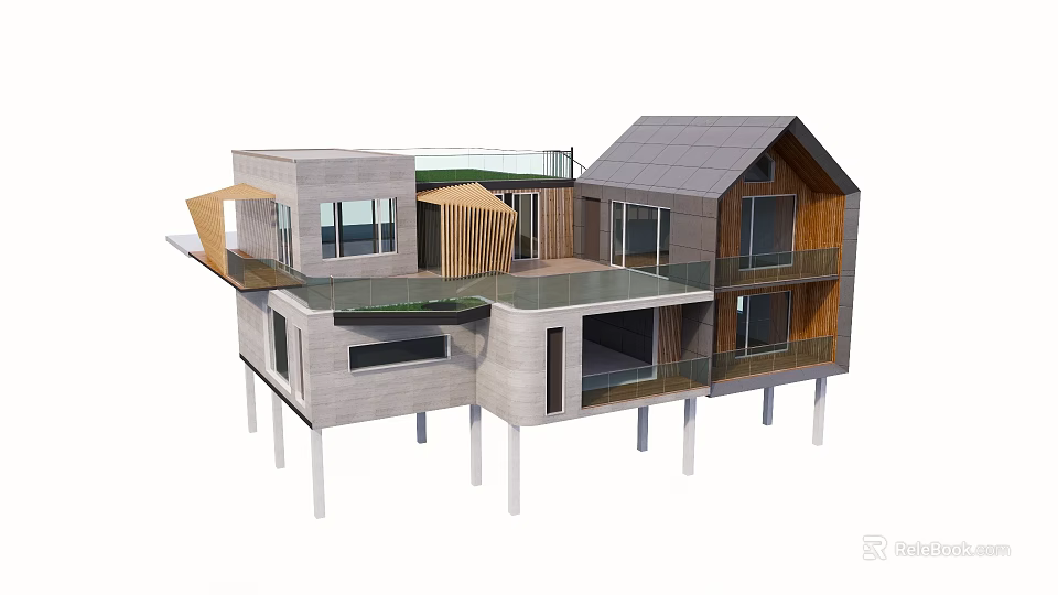 Modern Elevated Guesthouse Architecture Featuring Grey Roof Large Windows And Wooden Balcony 3d model 