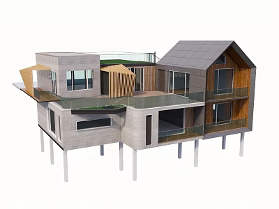 Modern Elevated Guesthouse Architecture Featuring Grey Roof Large Windows And Wooden Balcony 3d model