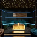 Stylish Bar Interior With String Lights Ceiling Glass Block Wall And Circular Neon Lights 3d model