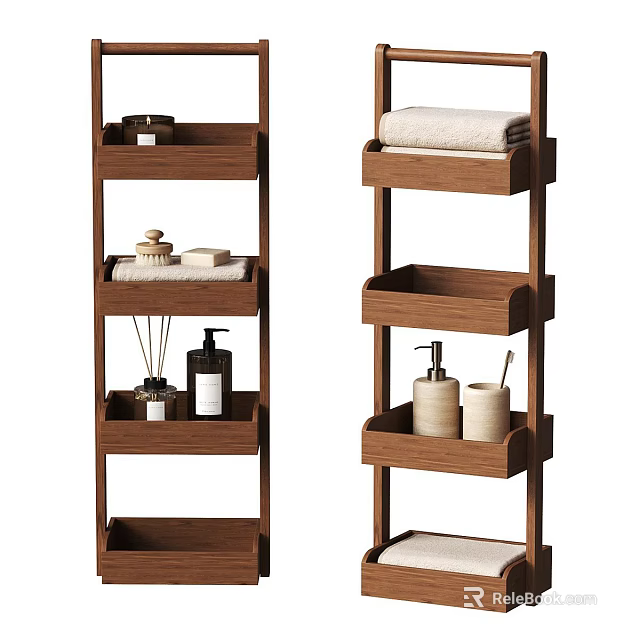 Wooden Multi Tiered Bathroom Shelves With Towels Soap And Hand Wash Bottles 3d model 
