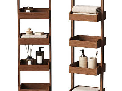 Wooden Multi Tiered Bathroom Shelves With Towels Soap And Hand Wash Bottles 3d model